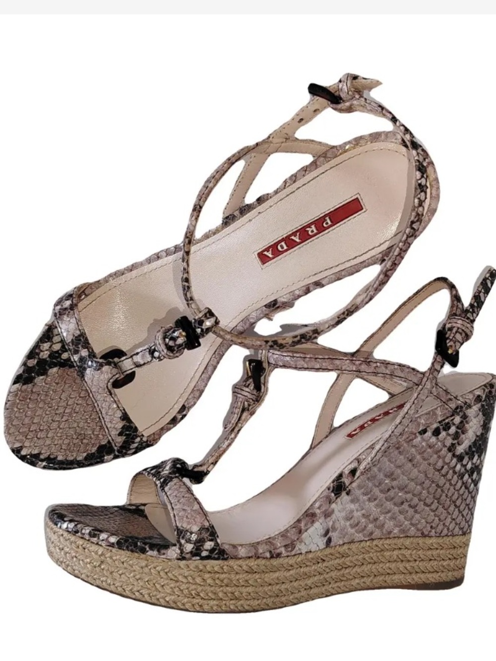 Prada Metallic Gold Snake-Print T-Strap Wedge Sandals